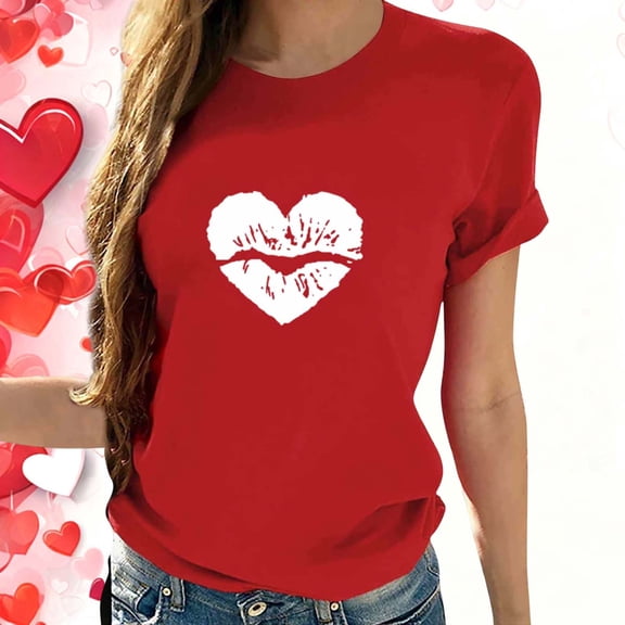Guzom Womens Red Crew Neck Short Sleeve T-Shirt, Romantic Heart Lip Print Valentine's Day Casual Graphic Tee with Polyester Spandex Blend (S-XXL),Size XL