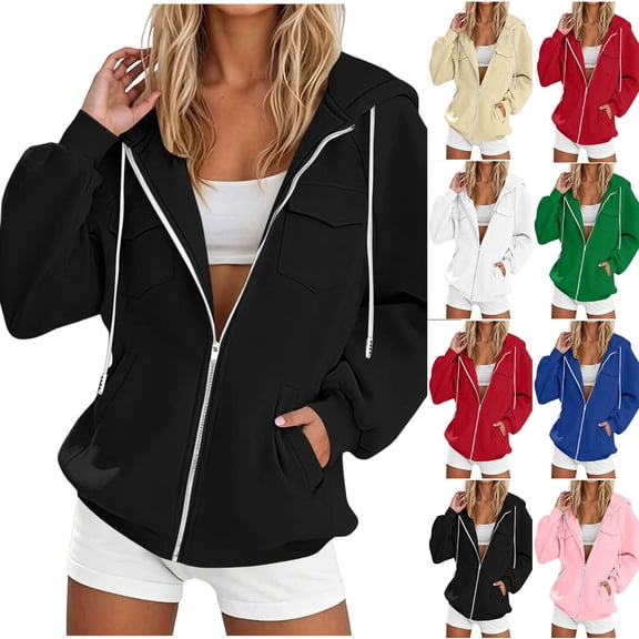 Jsaierl Womens Zip Up Hoodies Sweatshirts with Chest Pockets Long Sleeve Solid Color Athletic Casual Outwear Jackets S-2XL