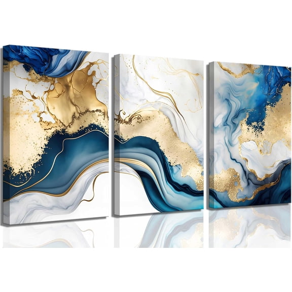 3Pcs Blue Gold Marble Canvas Wall Art Abstract Blue Gold White Wall Decor Pictures Modern Paintings Posters Prints for Living Room Bedroom Office Home Decoration, Ready to Hang