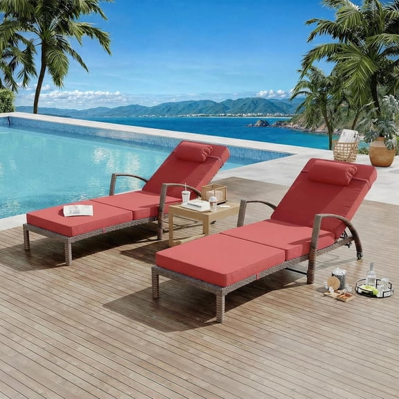 2-Piece Rattan Patio Chaise Lounge Set,5-Position Adjustable Folding Recliner Chairs with Cushions & Pillow for Poolside, Backyard, Deck, Porch, Red