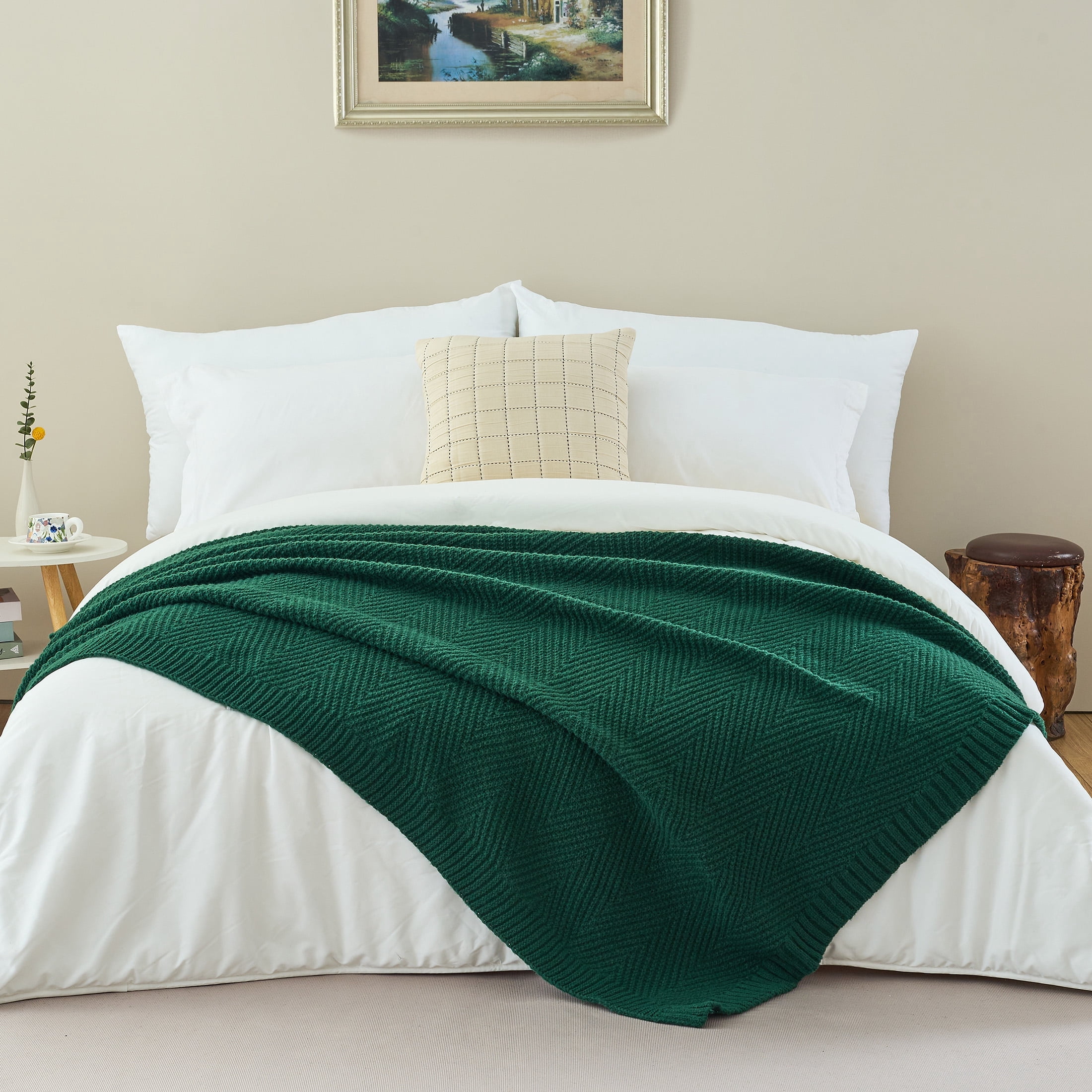 LONG CREATE Soft Knitted Throw Blanket 60" x 80" Dark Green, Boho Chevron Farmhouse Throw for Bed Couch