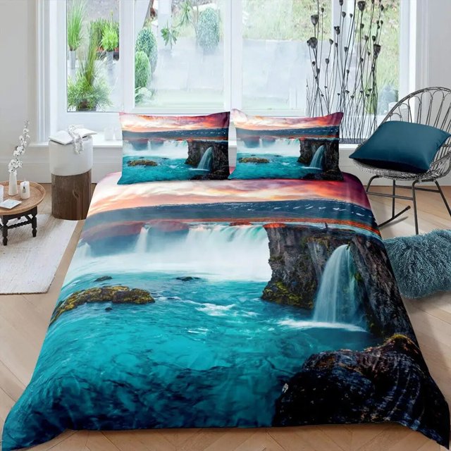 Waterfall Duvet Cover Set Natural Scenery Quilt Cover Pillowcase Landscape Forest Waterfall Queen Size Polyester Bedding Set