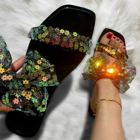 

〖Yilirongyumm〗 Black 39 Slippers For Women Shoes Summer Square Toe Slippers Fashion Lace Bow Flower Glitter Sequin Sandals