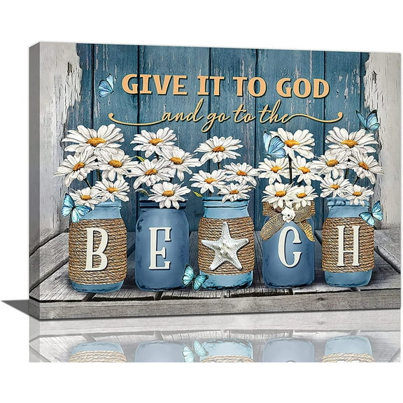 Beach Wall Art Beach Daisy Bathroom Pictures Wall Decor Bathroom Artwork Canvas Print Home Decor For Bathroom Living Room Bedroom Office Framed 16"x12"
