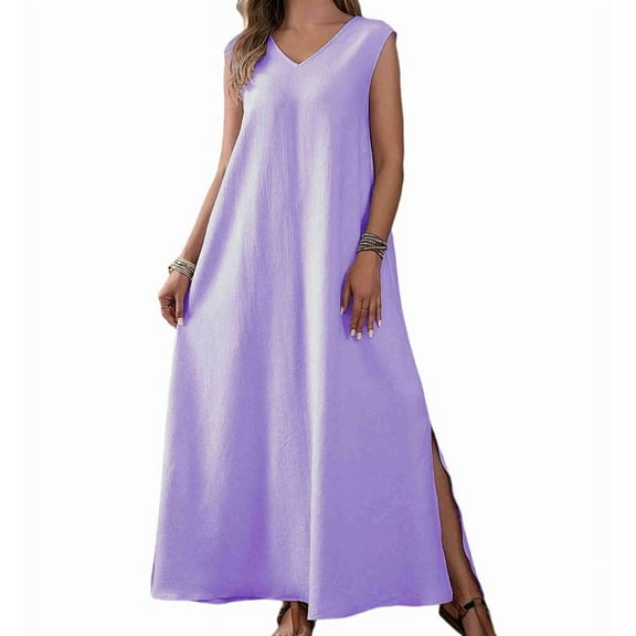Women'S Tank Maxi Dress A-Line V-Neck Sleeveless Solid Color Loose Casual Long Beach Dresses Coverups Light Purple [Spot] S