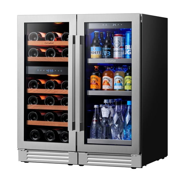 Ca'Lefort 30 Inch Wine Cooler Beverage Refrigerator, Hold 100 Cans and 28 Bottles Dual Zone Wine Fridge Freestanding & Built-in with Stainless Steel Frame for Kitchen Office