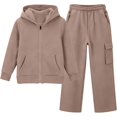 thumbnail image 4 of YUNLIUU Girls Sweatsuit Fall Winter Kid Zip Up Hoodie And Cargo Sweatpants Set,130=7-8Years,Khaki_01, 4 of 4