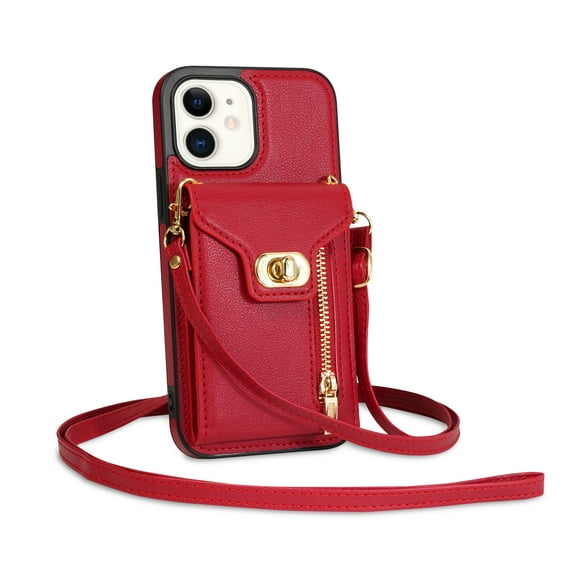 Wallet Case Cover for Apple iPhone 12 / 12 Pro, Premium PU Leather Silicone Inner Shockproof Crossbody Lanyard Protective Cards Slots Phone Case for Apple iPhone 12/ 12 Pro - Red