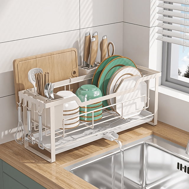 Luckytree Escurridor de Platos Compacto, Escurridor de Platos Estrecho Anti-óxido, Escurridor de Platos Pequeño para RV, Departamento, Cocina Pequeña, 6.5"An x 20.67"L, Blanco