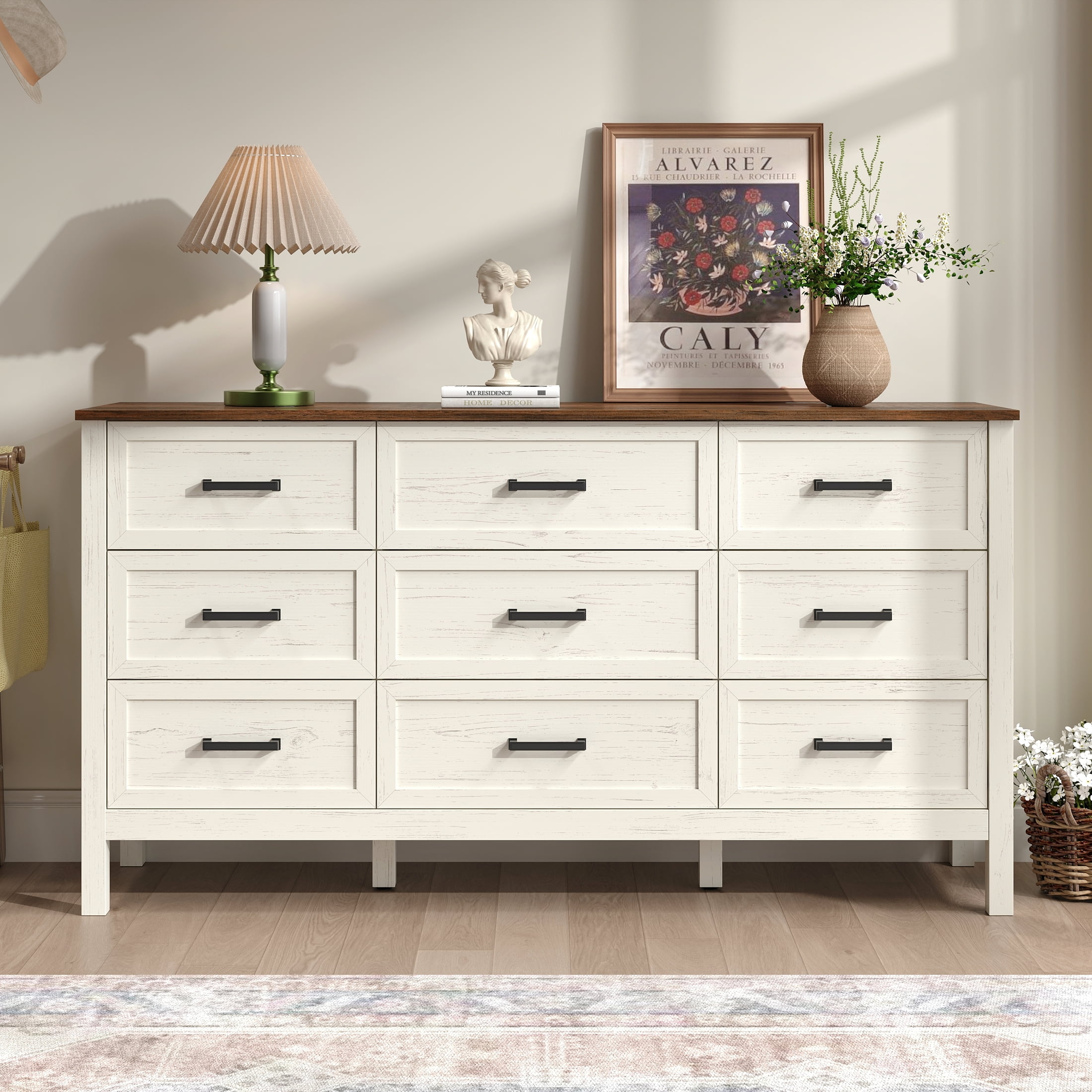 YouTrend 9 Drawer Farmhouse Dresser,Wood Adult Rustic Chest of Drawer with Metal Handles for Bedroom Living Room Hallway,Burlywood & White