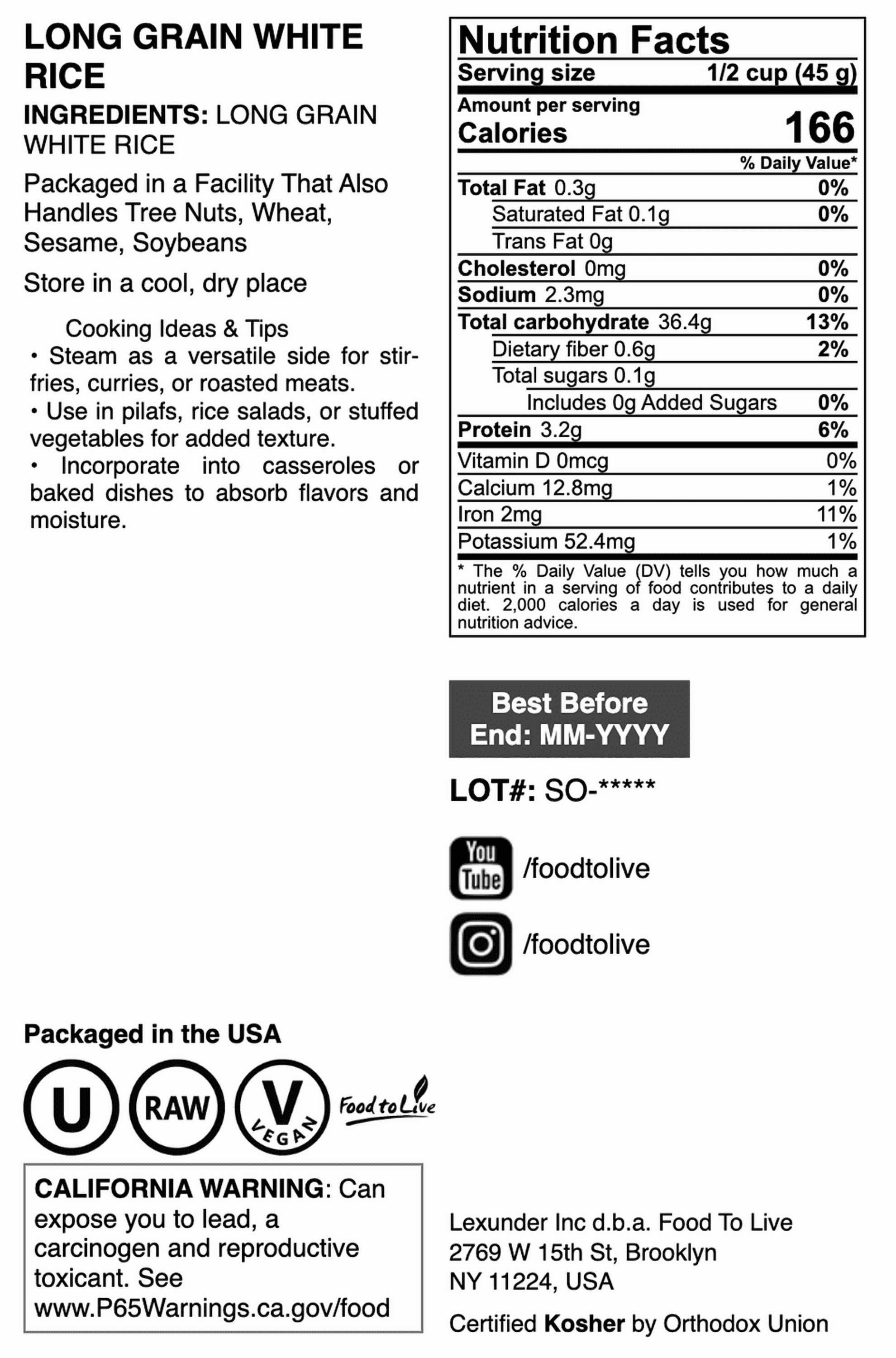Long Grain White Rice, 12 Pounds — Kosher, Raw, Vegan — by Food to Live