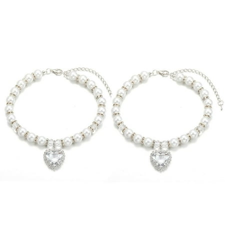 2PCS Cute Puppy Accessories Adjustable Cat Supplies Bow Dog Bell Pearl Necklace Cat Jewelry Pet Pearl Collar SILVER S