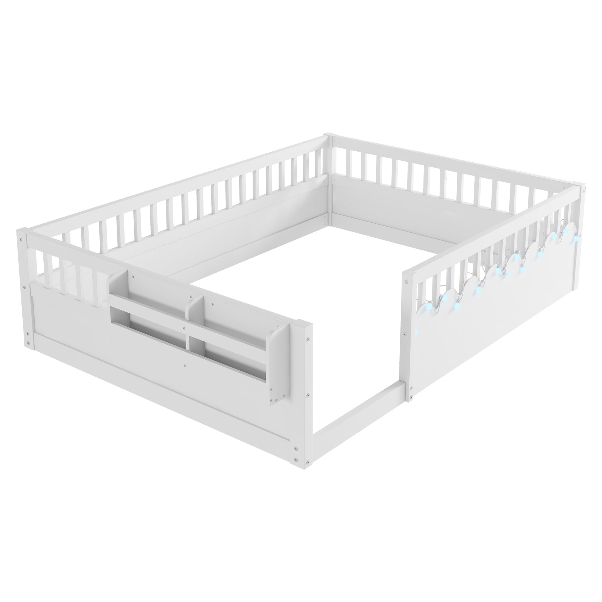Euroco Wood Full Size Montessori Floor Bed with Guardrails and LED Light, Kids Bed with Storage Shelves, White