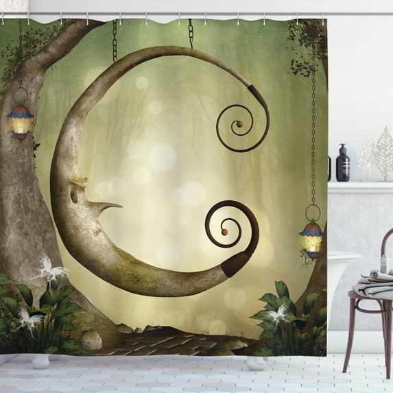 Tree Shower Curtain, Absurt Illustration of Wooden Crescent Hanging on a Tree Branch, Fabric Bathroom Set with Hooks, 69W X 70L Inches, Pistachio Green and Green Brown, by Ambesonne