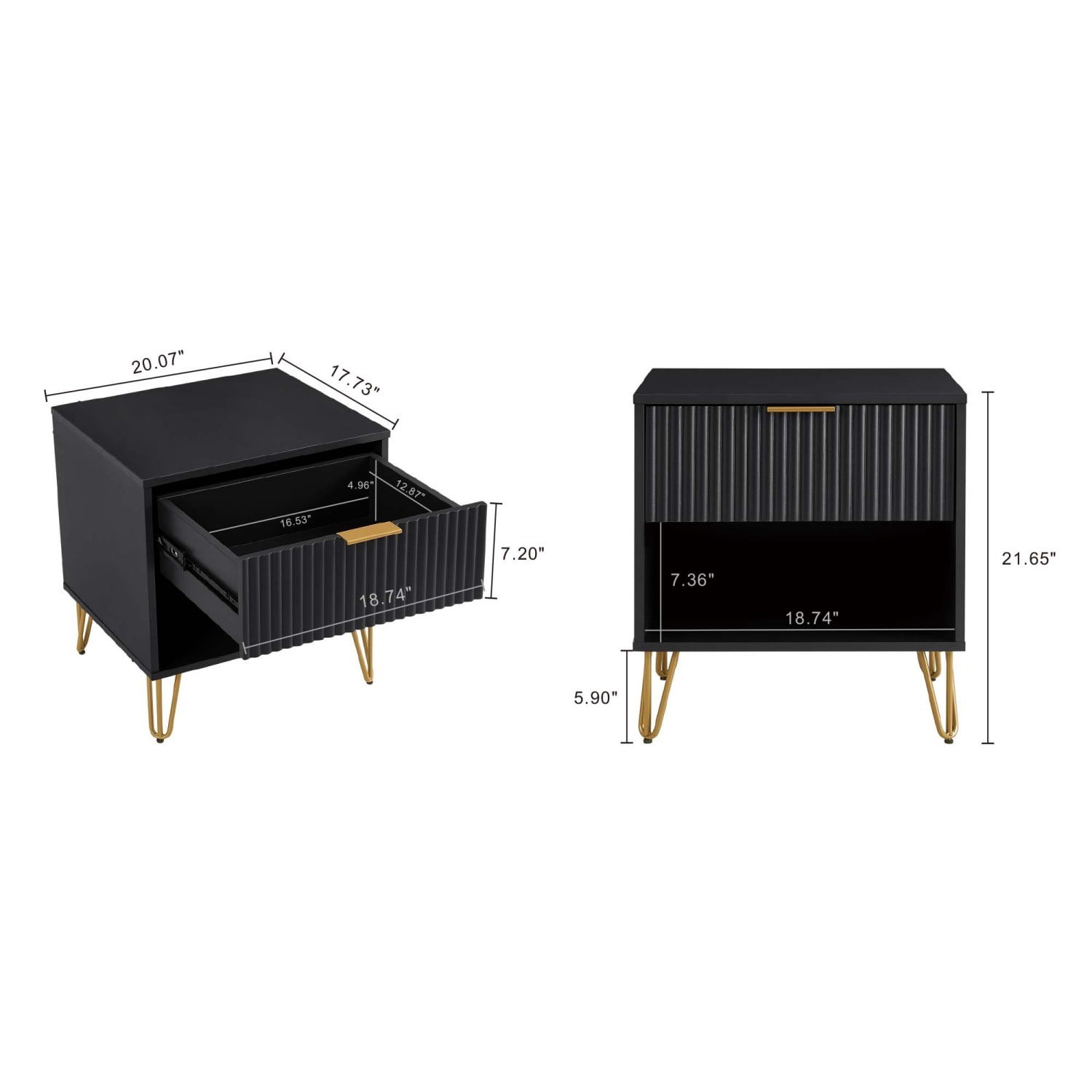 Nightstand, Modern Glam Bedside Table with 1 Drawer, Vertical Ribbed Texture, Gold Handle and Splayed Metal Legs, Storage End Table for Bedroom Living Room, Black