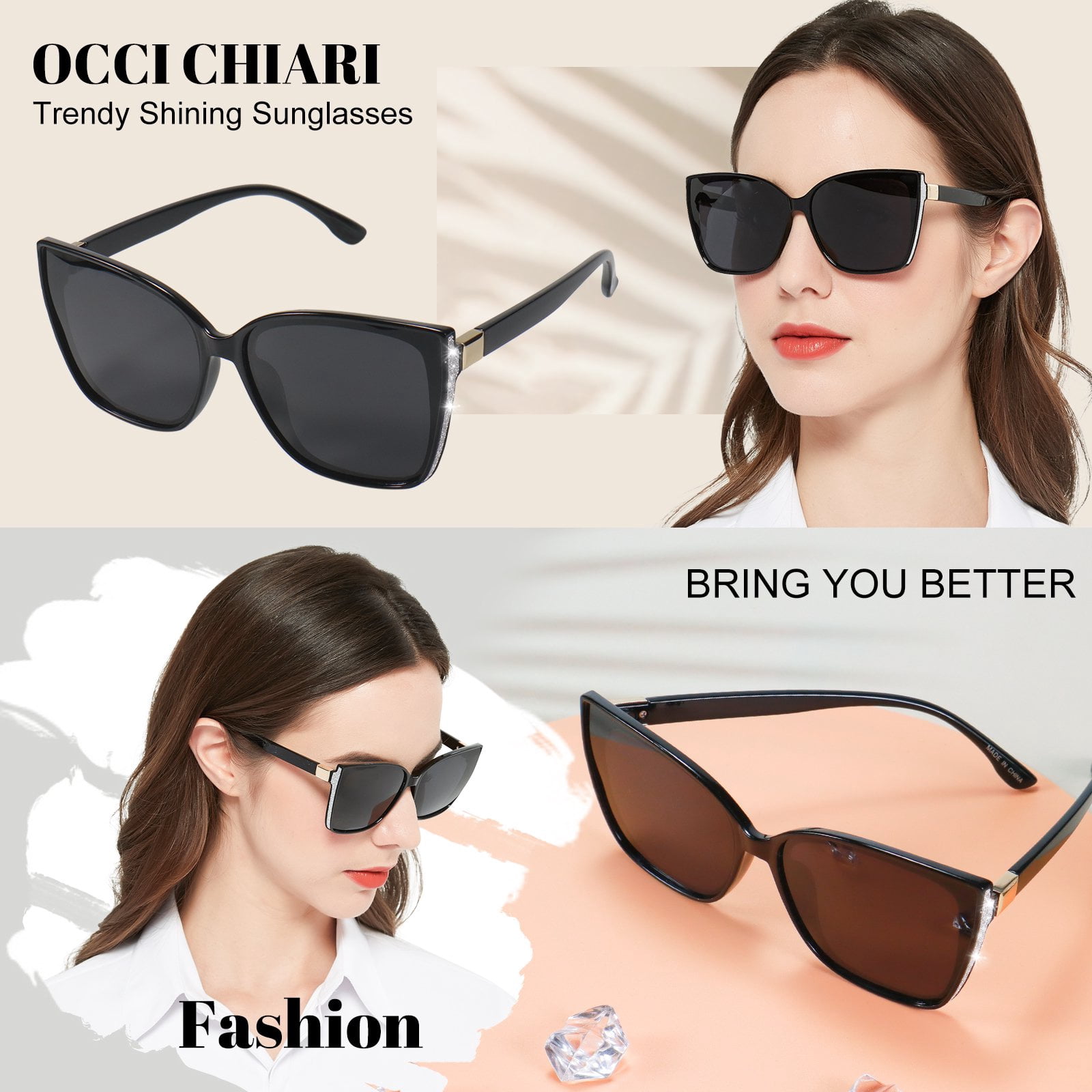 OCCI CHIARI Retro Cateyes Sunglasses for Women Vintage Polarized Large Shining Sun Glasses for Running Driving Fishing UV400 Protection(Black)