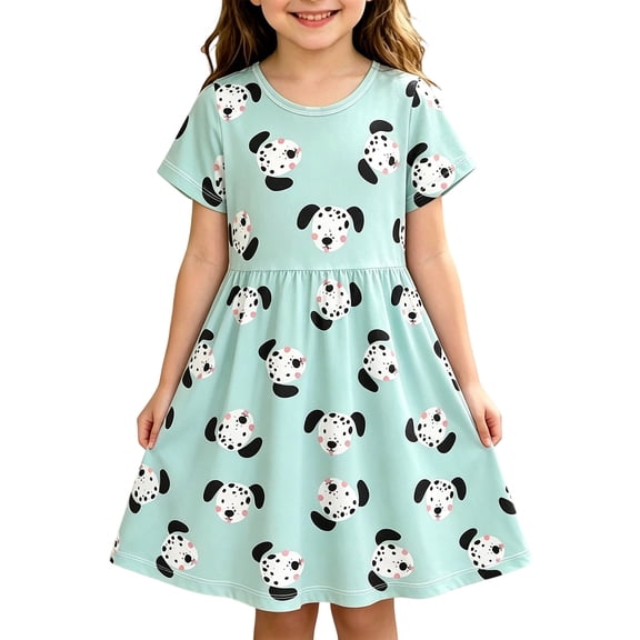 WOYY Girls Cartoon Dog Print A Line Dress Casual Short Sleeved Midi Dresses, Sizes 4-14