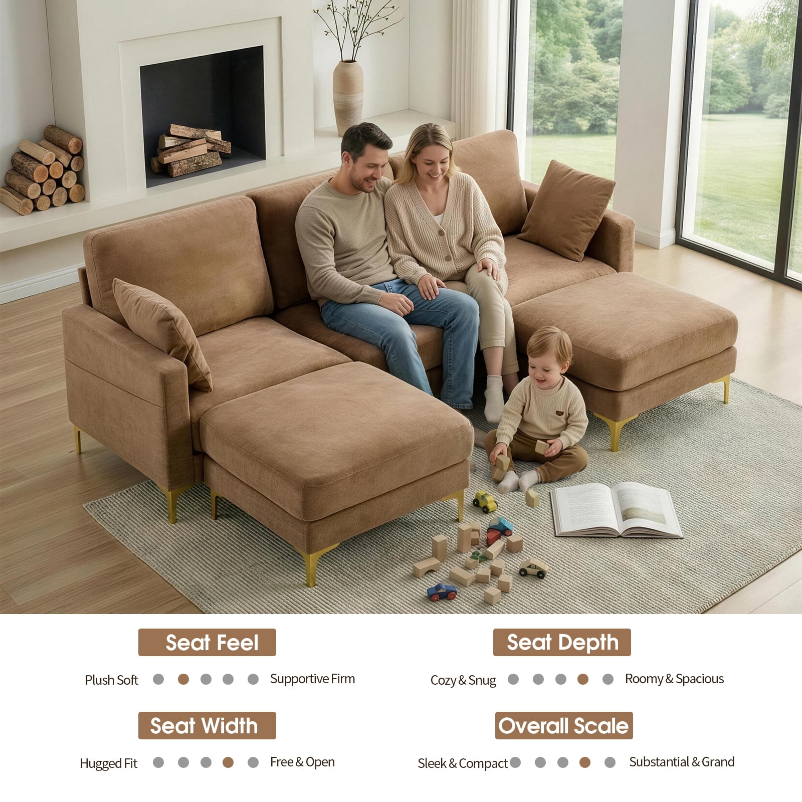 Ktaxon U-Shaped Sofa with 2 Removeable Ottoman Footrests, Flannel Deep Seating Couch for 3, Converts to Sleeper for Bedroom Living Room Furniture Khaki