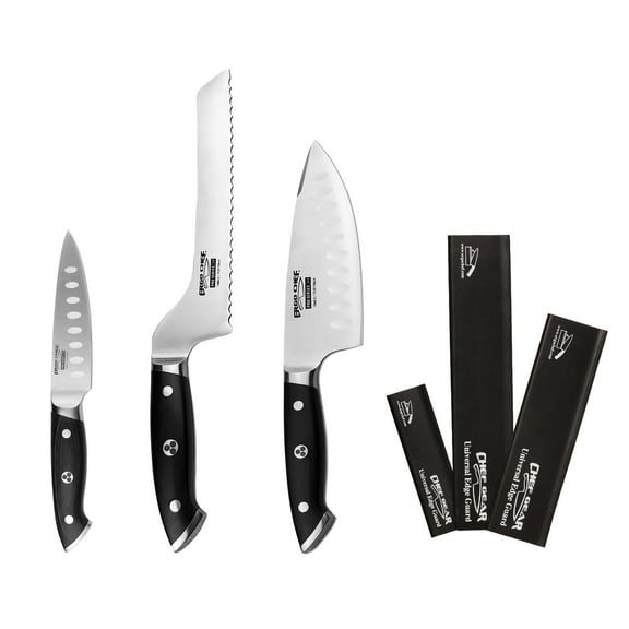 Ergo Chef 6pc. Pro Series 2.0 Set, 6-In Chef knife, 8-In Off-Set Bread Knife, 4-In Paring Knife, 3 Knife Cover Edge Guards, Forged High Carbon Stainless Steel, Ergonomic Pakkawood Handle
