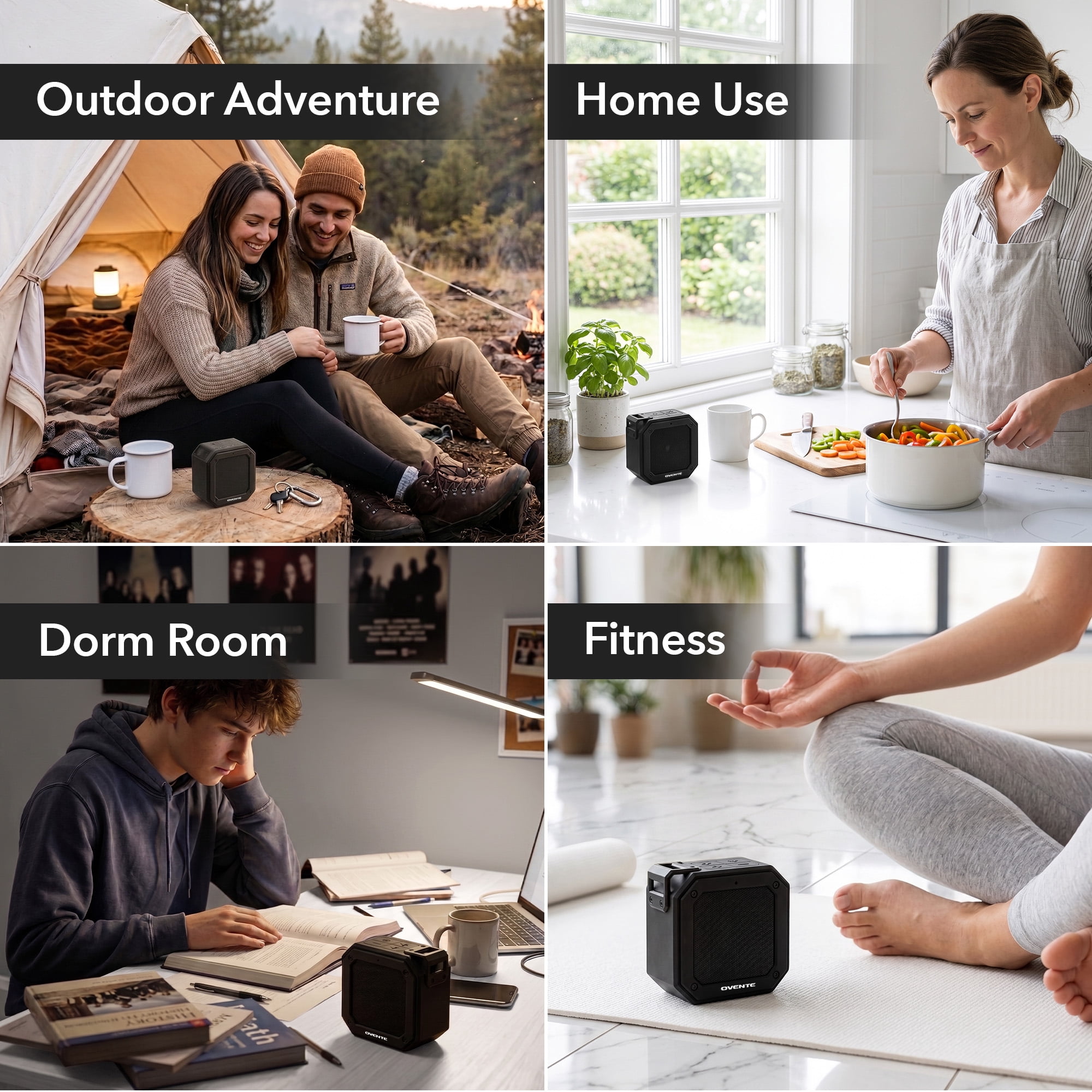 OVENTE Portable Wireless Bluetooth Speaker, IPX6 Waterproof, Black ZA1200B | Mini Stereo Player with TWS Pairing and Up to 20H Playtime, Lightweight Speaker for Shower, Pool, Outdoor Party, & Travel