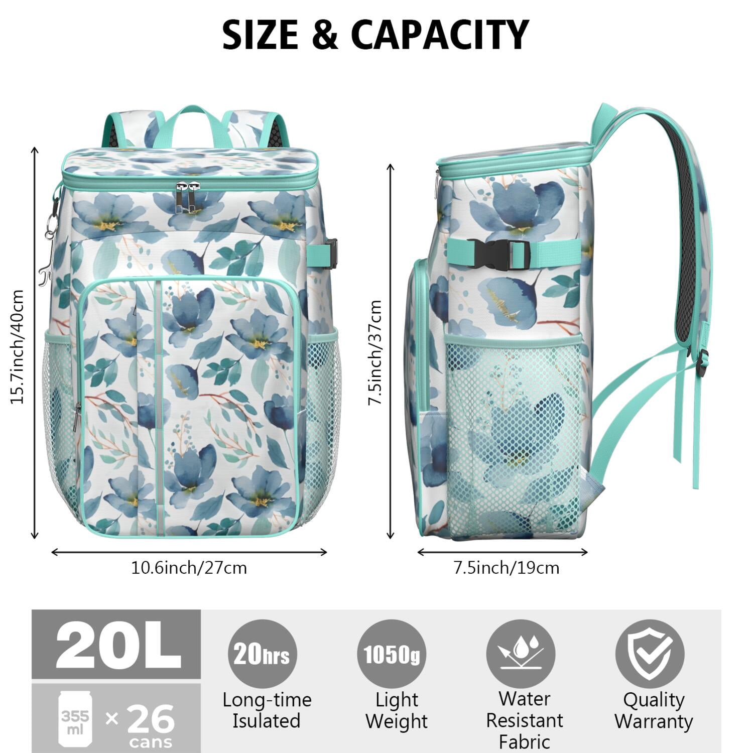 Travel Cooler Bag - Pioneer Flower Floral Print Pattern Camping Beer Cooler Backpack with Bottle Opener- Waterproof Insulated Picnic Backpacks - Cooler Bag for Beach