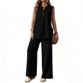 thumbnail image 3 of VBVC Women's 2 Piece Cotton-Linen Outfit Set,Notch Neck Tank Top and Wide Leg Pants For Women,Ladies Button Trim Loungewear with Pockets,Black,S-2XL, 3 of 7