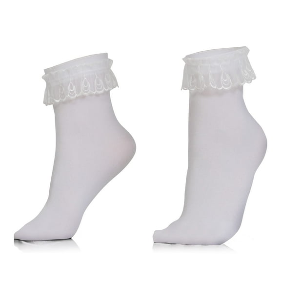 Skeleteen White Ruffled Anklet Socks - Frilly White Opaque Lace Ruffles Top Trim Bobby Sock