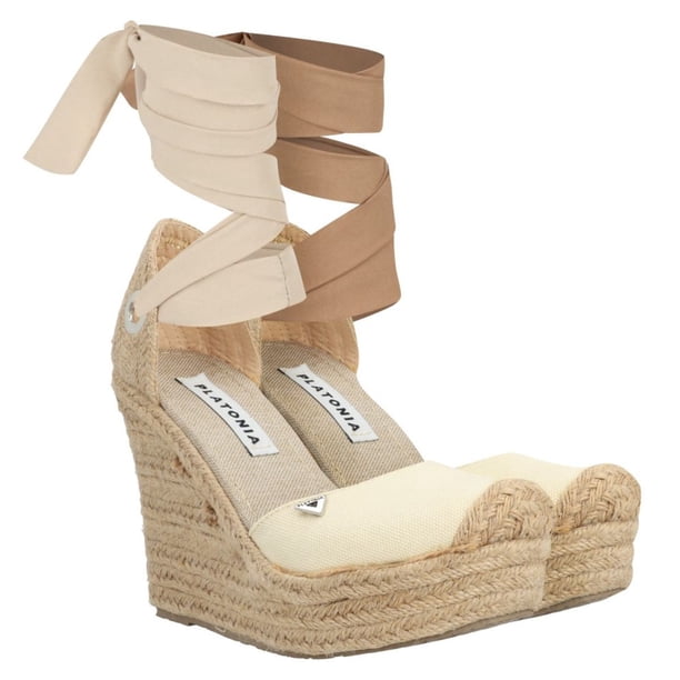 Alpargata Puntal De Plataforma Yute Con Listón 2 en 1 Lona Premium Beige Ajustable Para Mujer