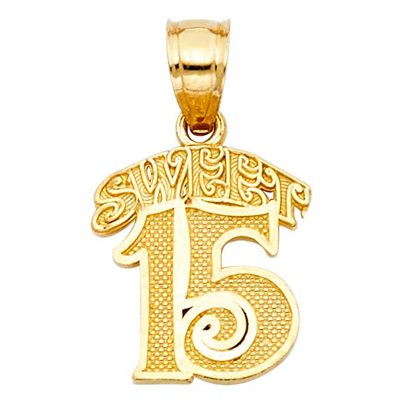 14k Yellow Solid Italian Gold Sweet 15 Charm Pendant 14mm