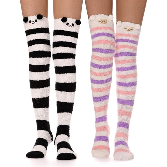 Womens Thigh High Fuzzy Socks Warm Winter Over Knee High Long Striped Fluffy Cozy Fleece Socks 2 Pairs