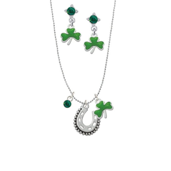 Delight Jewelry Silvertone Beaded Horseshoe Green Shamrock Necklace and Clover Earrings Jewelry Set