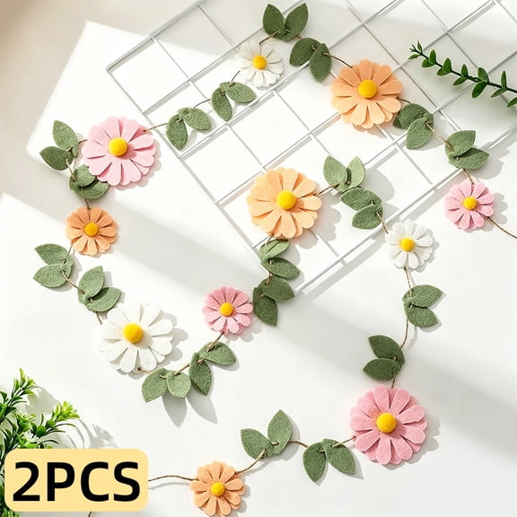Colorful Felt Daisy Banner, Spring Flower Leaf Garland for Wedding Party Home Decor
