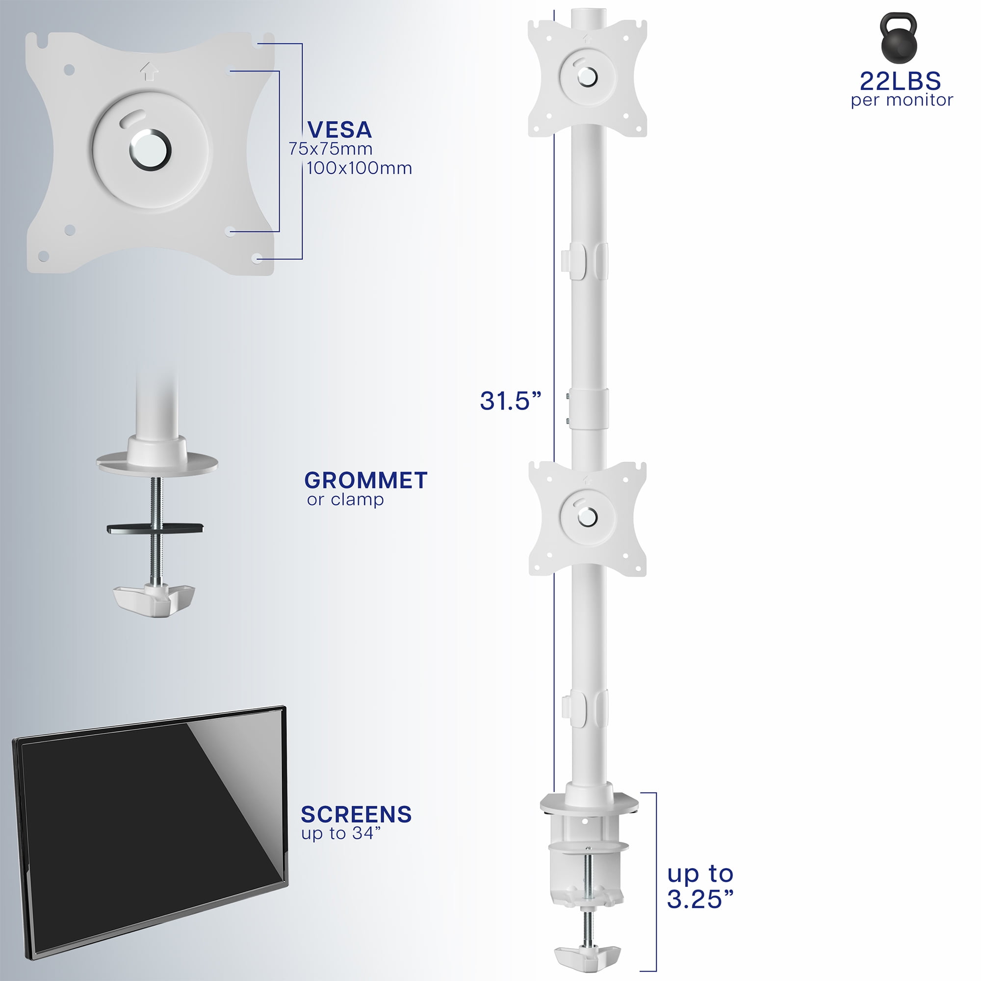 VIVO White Dual Computer Monitor Desk Mount, Vertical Array, 2 Screens up to 34"