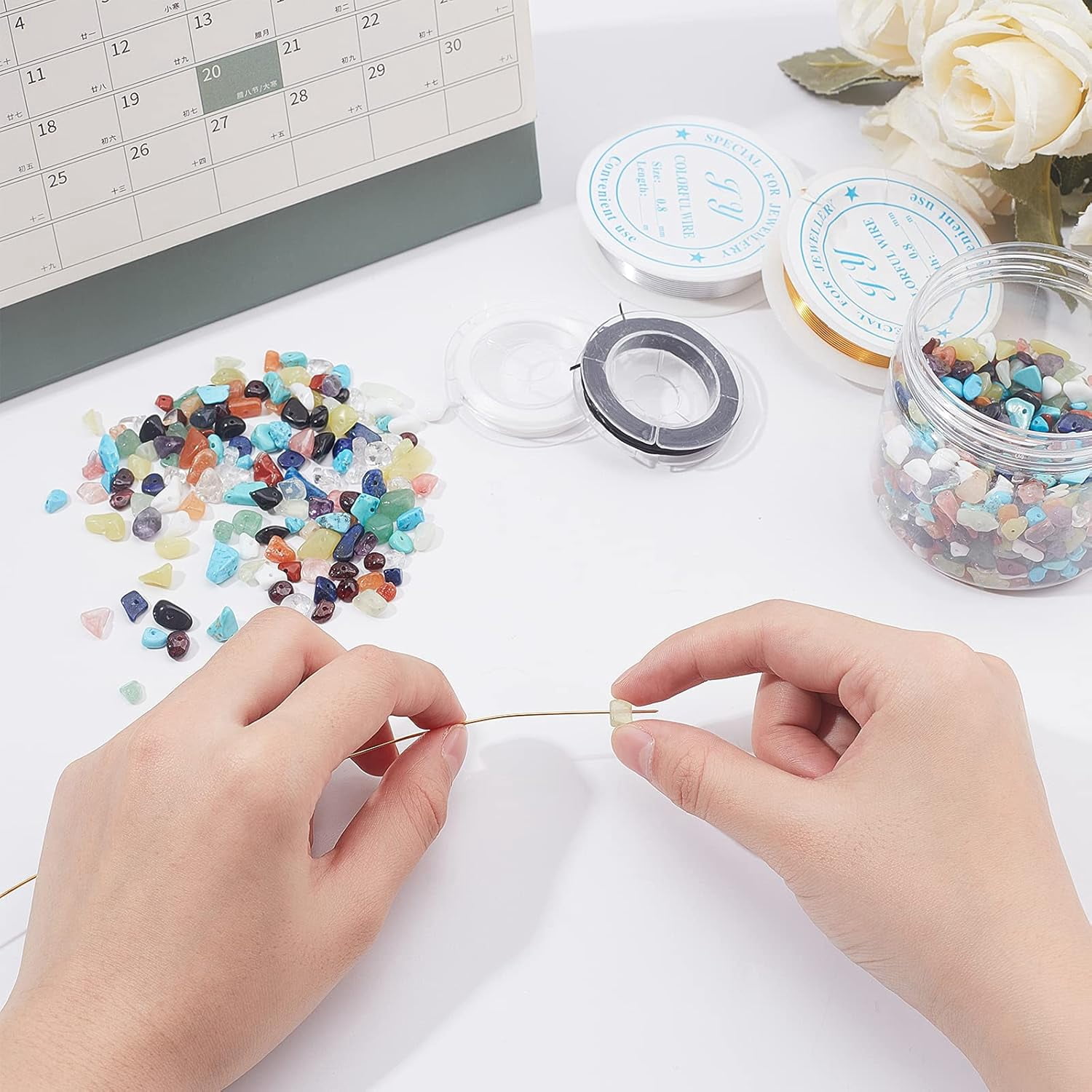 DIY Stretch Bracelets and Wire Wrapped Pendants Making Kits Including Gemstone Chip Beads Aluminum Wire Elastic Beading Thread 3~8x4~8mm Hole: 1mm 15materials 15g/material 225g