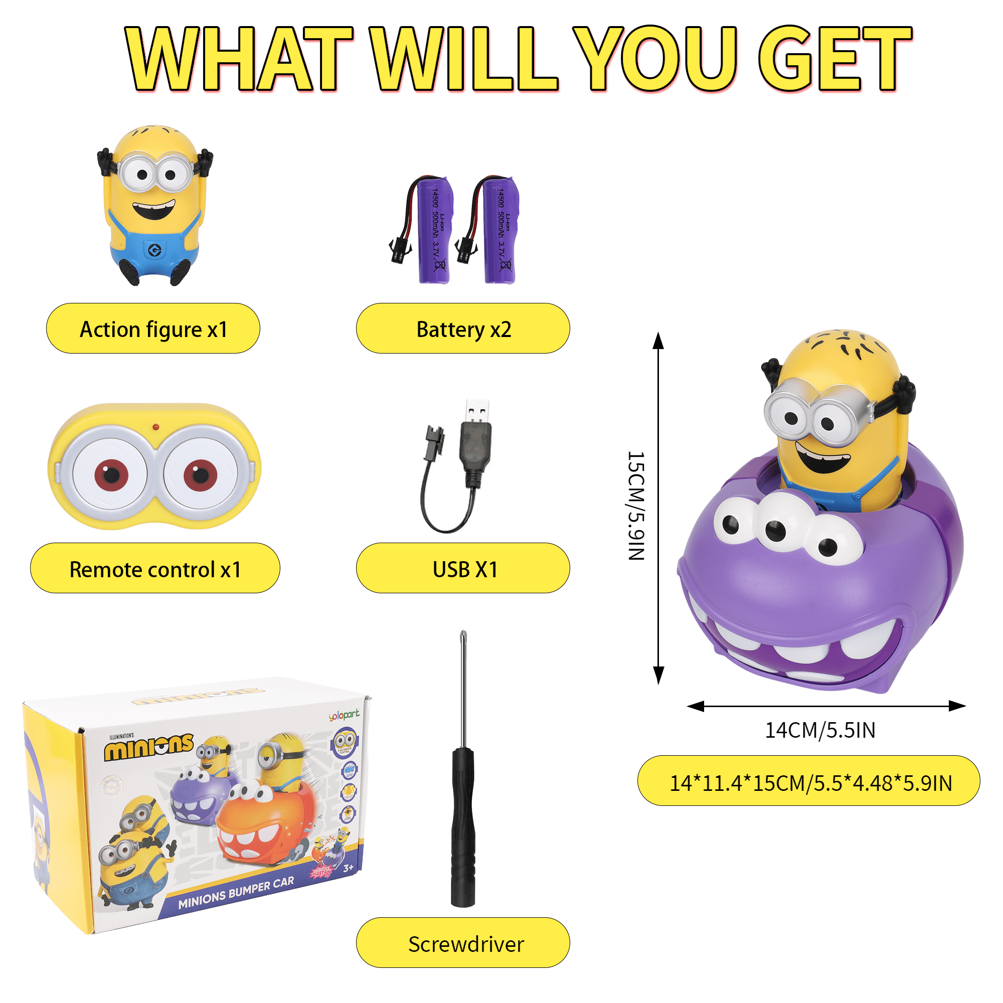 YOLOPARK Minions Remote Control Car,Despicable Me RC Phil Bumper Cars with Light & Sound Effect, Christmas Birthday Gifts for Ages 3+ Year Old