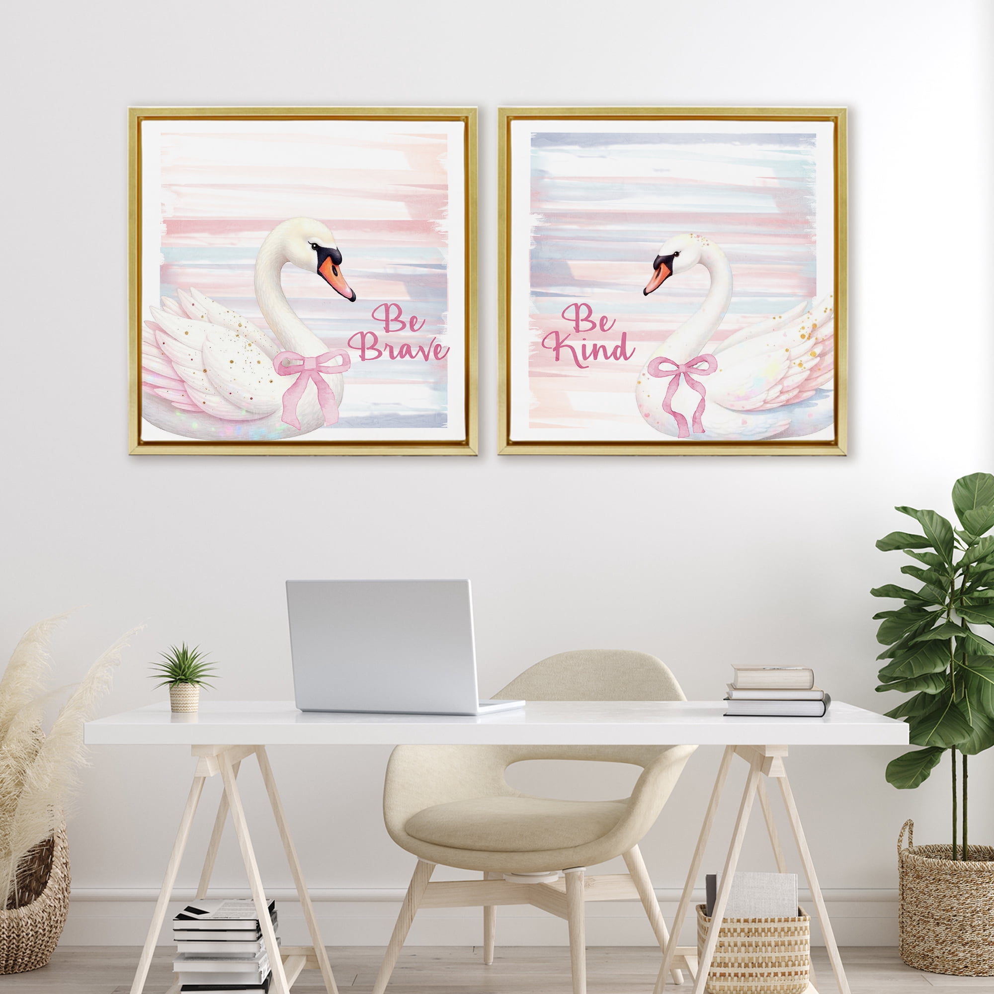 Be Brave & Kind Pastel Swan 2 Piece Gold Framed Floater Canvas Set, design by Kim Allen