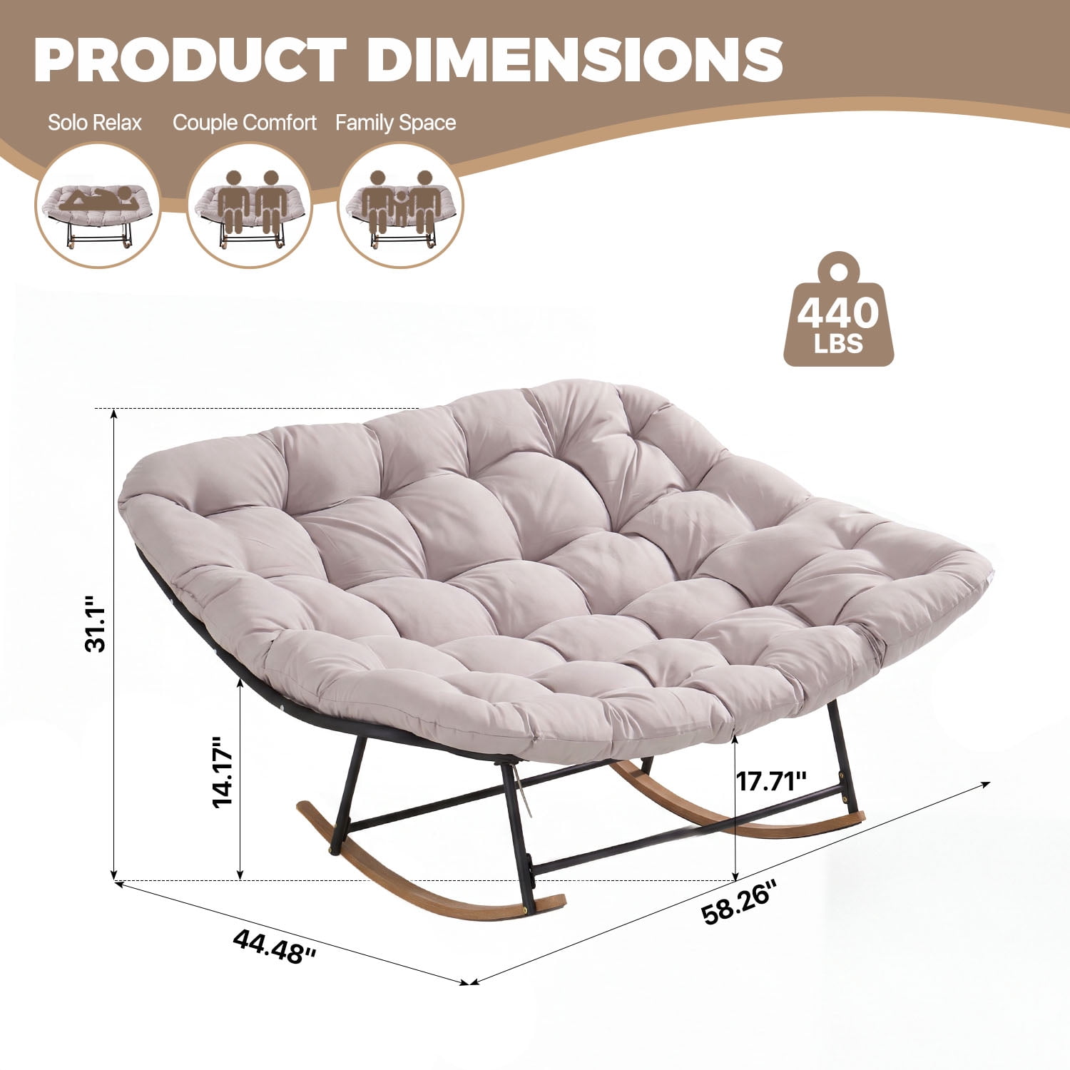 BaPiPro Oversized Double Papasan Rocking Chair with Thick Cushion, 2 Person Outdoor Rocking Loveseat, Heavy Duty Double Egg Chair with Wood Grain Base for Patio Porch, 440lbs Capacity, Light Gray