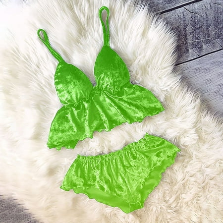 USSUMA Womens Lingeries Sexy Lingerie for Women Plus Size Womens Underwear Ladies Fashion Solid Color Erotic Hollow Sexy Deep V Satin Sexy Camisole Top Short Pajama Suit A+ Deals on Rollback Green XXL