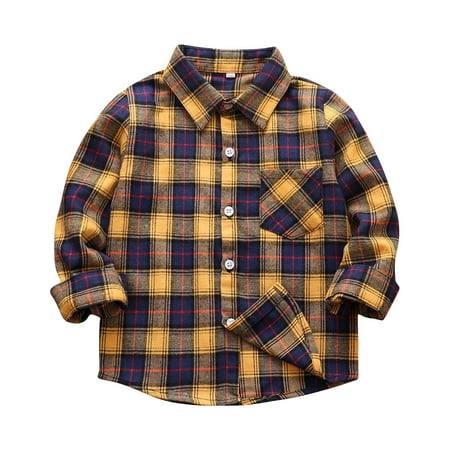 

EHTMSAK Infant Baby Boy Cotton Plaid Shirts Toddler Child High Neck Long Sleeve Button Up Jackets Fall Winter Pockets Outerwear Yellow 120