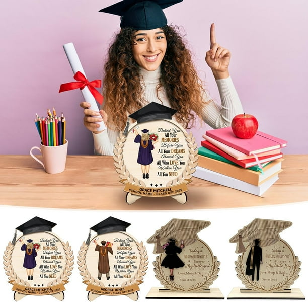 Temporada de graduación 2025 Adorno de madera, regalo de bendición decorativo, haya o nogal hechos a mano, textura natural, decoración del hogar de oficina de escritorio, recuerdo personalizado