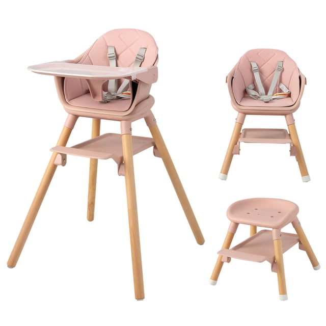 Costway Trona Convertible 6 en 1 para Bebés Silla Alta de Comer Infantil con Bandeja Desmontable Arnés Cojín PU para Niños de 6-36 Meses Rosa