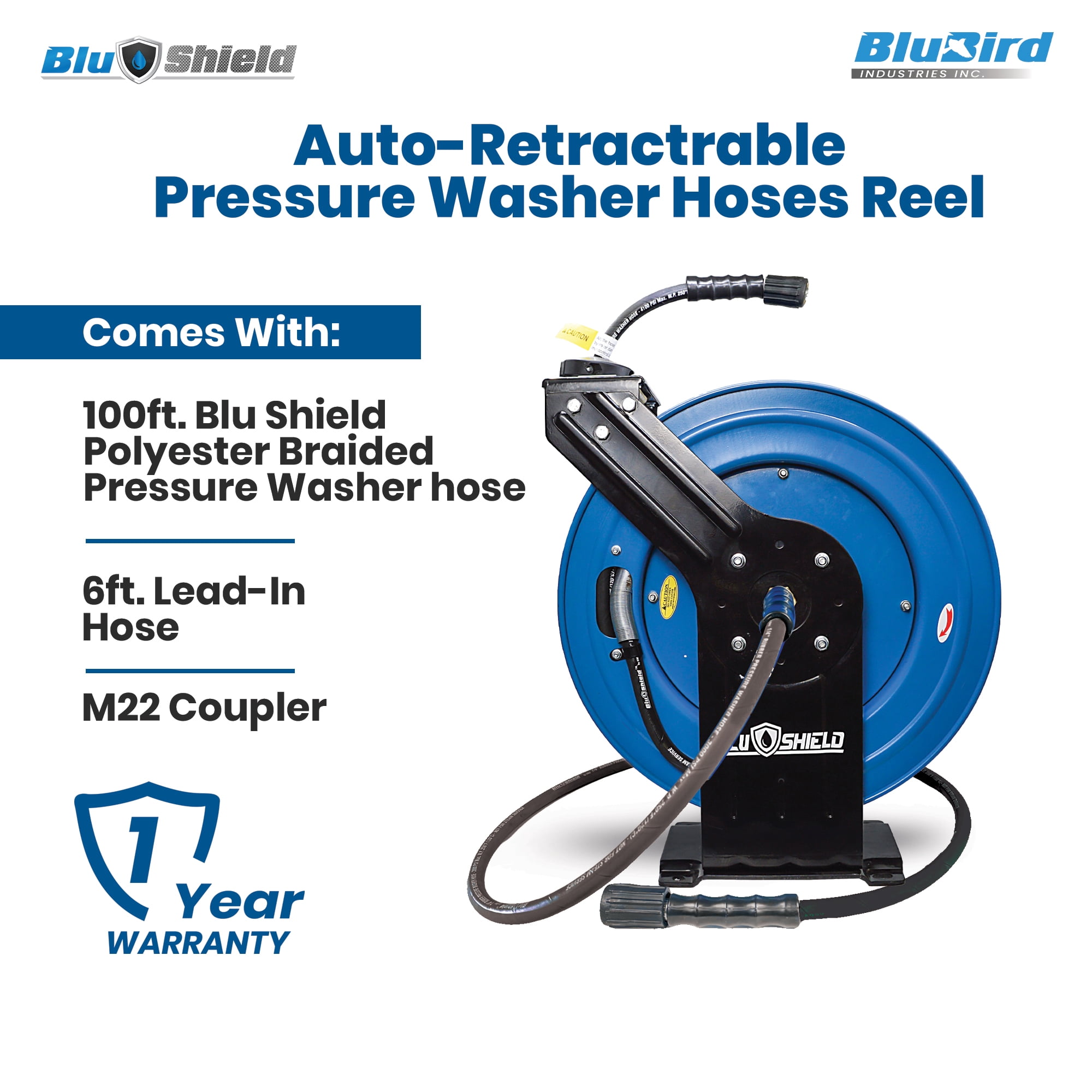 BluShield 1/4" Pressure Washer Dual Arm Hose Reel with 35% Lighter Polyester Braided Hose - Hot and Cold Water, 1 Year Warranty, 3100 PSI, M22 (1/4" x 100')