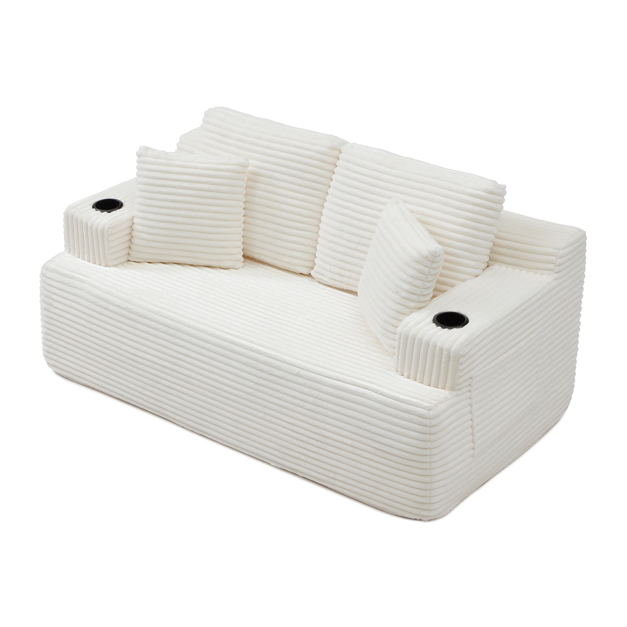 Boneless Loveseat, 2-Seater Floor Couch with Cup Holders and Side Pockets, Corduroy Fabric No Assembly Sofa for Small Space or Apartment, 66.5 Inch, Beige