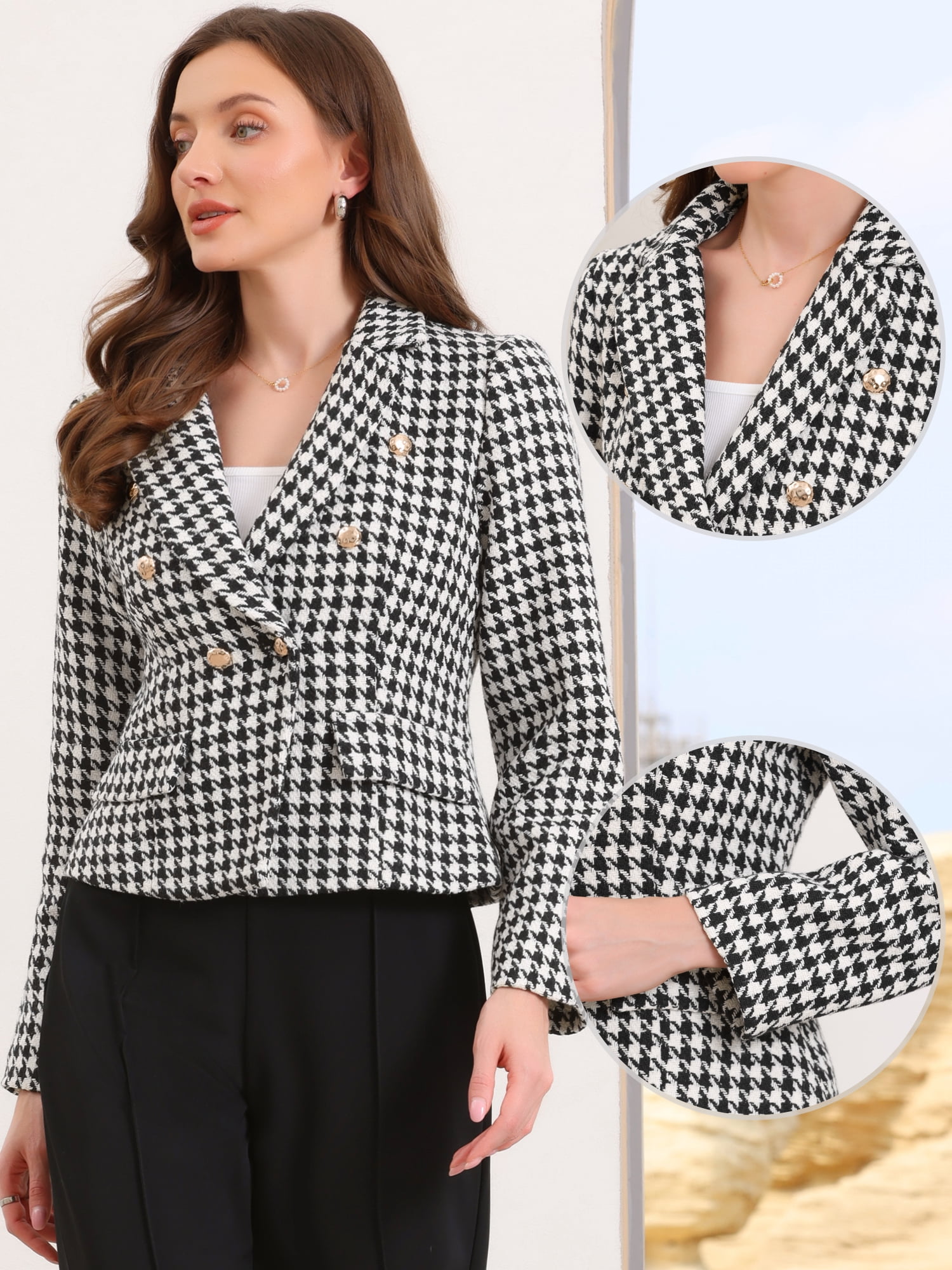 DARING DIVA Women's Chic Houndstooth Notch Lapel Long Sleeve Blazer S Black