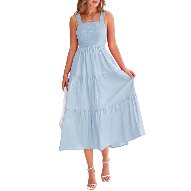 Vestido PRETTYGARDEN para mujer, midi, fruncido, de verano, azul claro