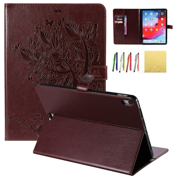 iPad Pro 11 2018 Case, Allytech Embossed Cat & Tree PU Leather Stand Folio Wallet Case Cover with Credit Card Slots for New Apple iPad Pro 11 2018, Coffee