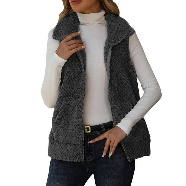 Dagegui Womens Fleece Sherpa Vest Sleeveless Zip Up Vests Fall Solid Color Casual Jacket with Pockets Gray M