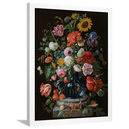 Art Glass Marble Tulips, a sunflower, an iris and numerous other flowers in a glass vase on marble column base Framed Print Wall Art By Jan Davidsz. de Heem ()
