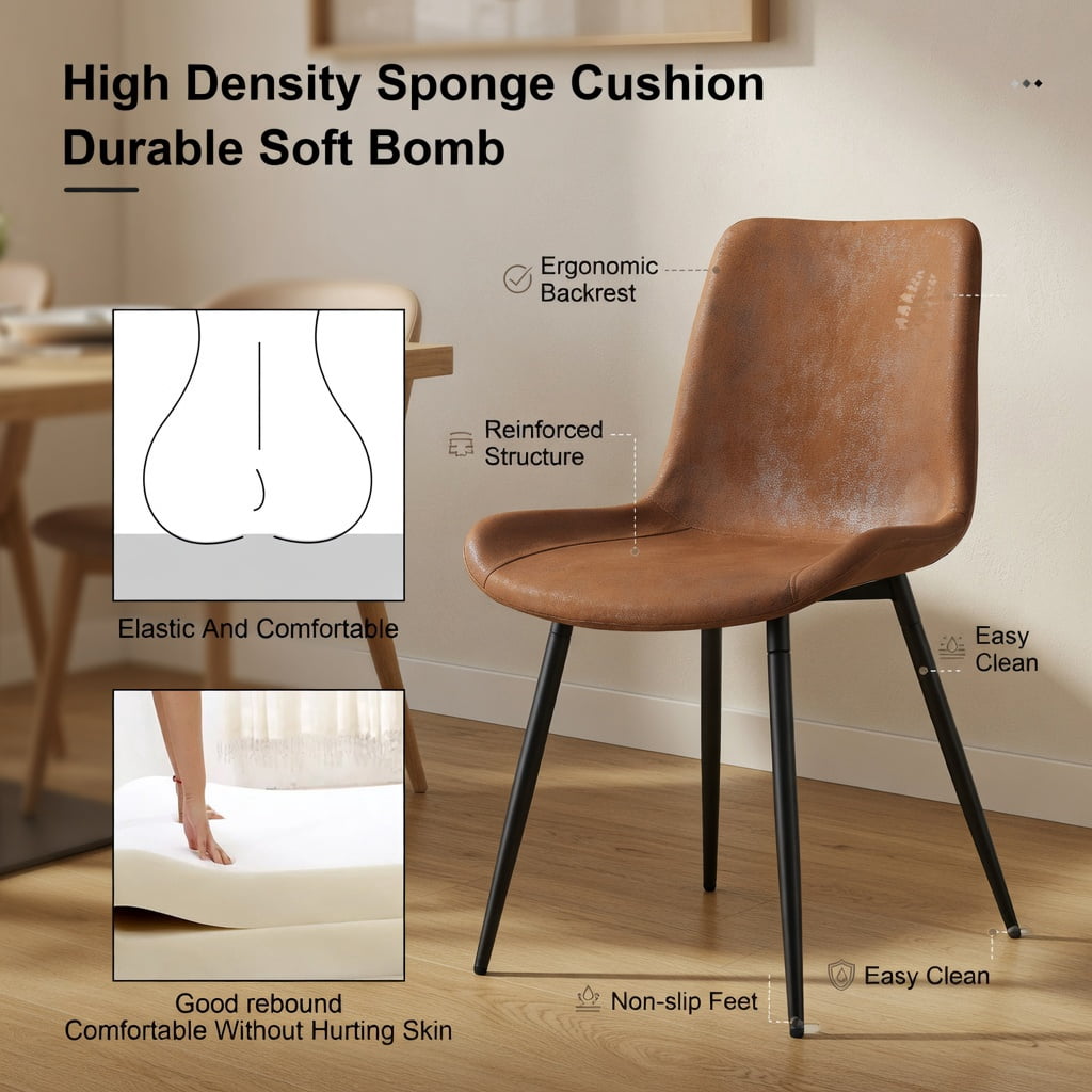 Hommoo 6-Pack Suede Dining Chairs with Black Metal Legs, Curved Wide Seat Cushion, Non-Slip Floor Protection, Easy 10-Min Assembly, Modern Restaurant, Kitchen & Home Office Seating, Brown