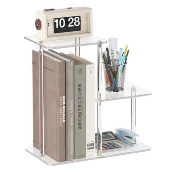 Acrylic Desktop Bookshelf 7.9 D x 15 W x 15.3 H Small Desktop Shelves Organizer 3-Tier Clear Mini Table Top Shelf for Office Supplies and Desk Accessories Easy Assembly